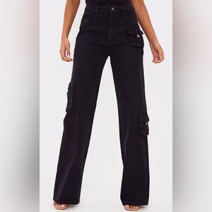 PrettyLittleThings Jeans Size 8 Washed Black Cargo Pocket Wide Leg Relaxed Fit